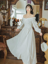 Load image into Gallery viewer, Fall French Retro White Pearl Jacquard Square Collar Long Sleeve Dresses Women Beaded V-shaped Design Strapless Sexy Maxi Dress