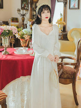 Load image into Gallery viewer, Fall French Retro White Pearl Jacquard Square Collar Long Sleeve Dresses Women Beaded V-shaped Design Strapless Sexy Maxi Dress