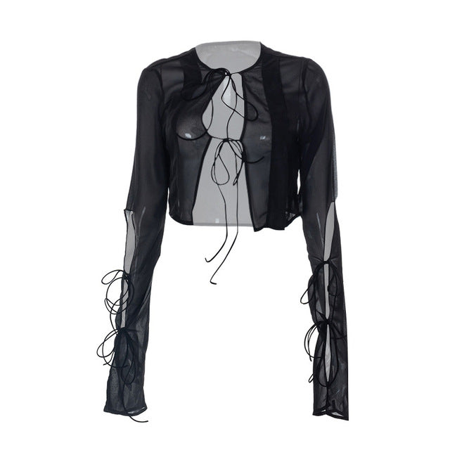 Fashion 2022 Summer Chic Black Perspective Cardigan Women's Clothing Crop Top Rave Festival Sexy Long Sleeves Tops Streetwear