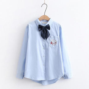 Fashion 2022 Sweet Preppy Style Bow Shirts Women Simple Single Breasted Fresh Tops Long Sleeve Cute Kawaii Blouses Spring