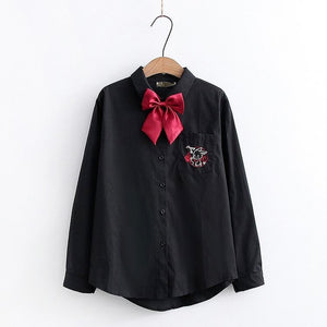 Fashion 2022 Sweet Preppy Style Bow Shirts Women Simple Single Breasted Fresh Tops Long Sleeve Cute Kawaii Blouses Spring