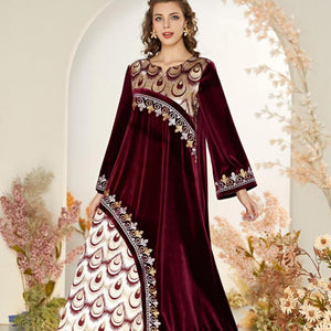 Fashion Arabian Gold Thread Embroidery Muslim Casual Jacquard Stitching Velvet Large Swing Dress Fashion Kaftan Islamic Clothing