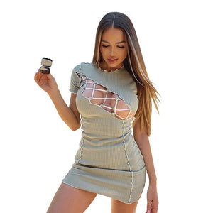 Fashion Bandage Cut Out Ties Crossed Bodycon Dress Drawstring Wrap Chest MIdnight Club Outfit For Women Sexy Midi Dresses