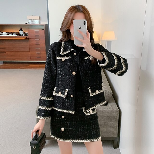 Fashion Black Tweed Two-piece Set Women's Fall/Winter Suit Long Sleeve Jacket Half-length Skirt Temperament Sweet Two-piece Set
