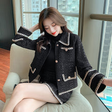 Load image into Gallery viewer, Fashion Black Tweed Two-piece Set Women&#39;s Fall/Winter Suit Long Sleeve Jacket Half-length Skirt Temperament Sweet Two-piece Set