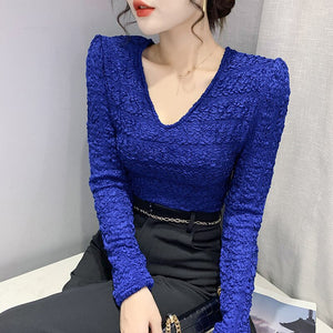 Fashion Casual Long Sleeve Women Tops New 2021 Autumn V-Neck Solid Color T-Shirt M-3XL Plus Size Female Clothing Blusas