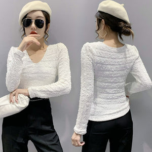 Fashion Casual Long Sleeve Women Tops New 2021 Autumn V-Neck Solid Color T-Shirt M-3XL Plus Size Female Clothing Blusas