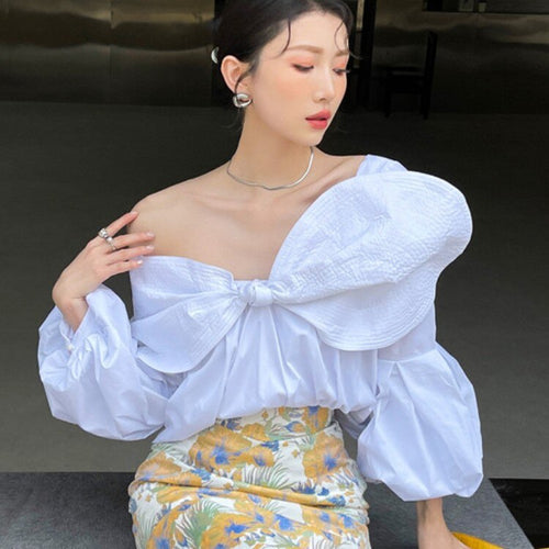 Fashion Casual Patchwork Sweet Bowknot White Shirt Female Slash Neck Puff Sleeve For Women 2021 Summer New