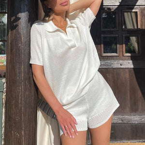 Fashion Casual Solid Suits Women Elegant Hollow Out Knitted Suit Women Sexy Elastic Waist Shorts Suits Ladies