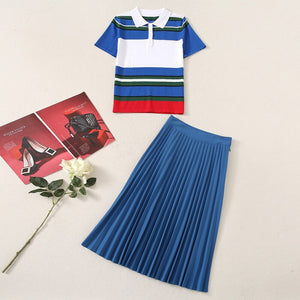 Fashion Classic Summer Women Sets New Striped Patchwork Knitted Tops And Casual Pleated Skirt Office Two-Piece Suit
