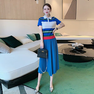 Fashion Classic Summer Women Sets New Striped Patchwork Knitted Tops And Casual Pleated Skirt Office Two-Piece Suit