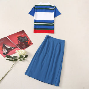 Fashion Classic Summer Women Sets New Striped Patchwork Knitted Tops And Casual Pleated Skirt Office Two-Piece Suit