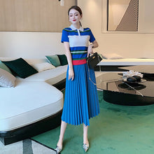 Load image into Gallery viewer, Fashion Classic Summer Women Sets New Striped Patchwork Knitted Tops And Casual Pleated Skirt Office Two-Piece Suit
