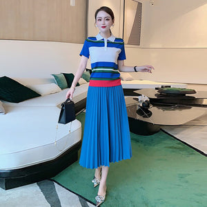 Fashion Classic Summer Women Sets New Striped Patchwork Knitted Tops And Casual Pleated Skirt Office Two-Piece Suit