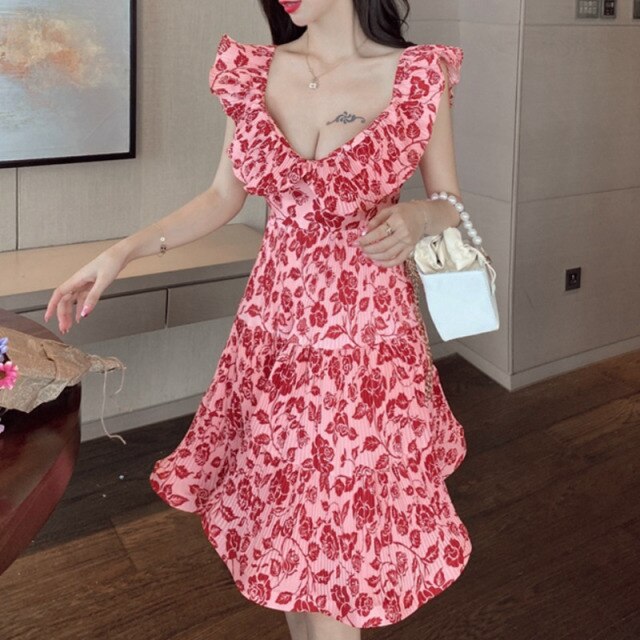 Fashion Dresses 2021 Summer Clothing Women Sexy Slash Neck Sweet Floral Print Ruffle Pleated Dress Slim Fairy Vestido De Mujer