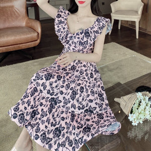 Fashion Dresses 2021 Summer Clothing Women Sexy Slash Neck Sweet Floral Print Ruffle Pleated Dress Slim Fairy Vestido De Mujer