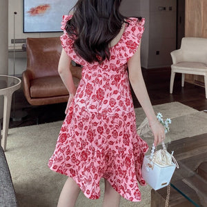 Fashion Dresses 2021 Summer Clothing Women Sexy Slash Neck Sweet Floral Print Ruffle Pleated Dress Slim Fairy Vestido De Mujer