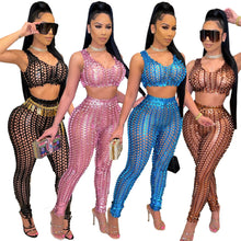 Load image into Gallery viewer, Fashion Fish Scale Hollow Out Women Sexy Two Piece Set Sleeveless Crop Top Vest Pencil Pants Female Night Club Party Suit