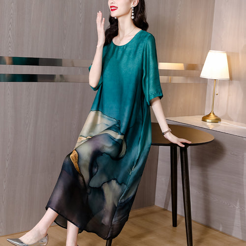 Fashion Floral Silk Dress Women Summer 2022 Plus Size Loose Tight Over Knee Long Dress Casual Elegant Party Dress Vestidos