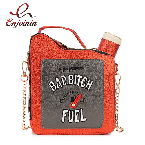 Fashion Fun Embroidery Letters Gasoline Bottle Crossbody Bag for Women Purses and Handbags Shoulder Chain Bag Girl's Purses