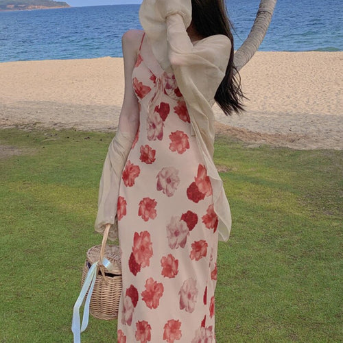 Fashion Holiday Print Chiffon Sppaghetti Strap Dress+ Long Bubble Sleeve Sunscreen Shirt 2021 Summer 2 Piece Sets Womens Outfits