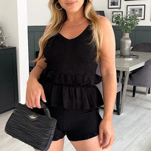 Load image into Gallery viewer, Fashion Knitted Solid Suits Women Elegant Ruffles V Neck Sleeveless Tops Suit Women Casual Shorts Suits Ladies