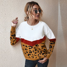 Load image into Gallery viewer, Fashion Leopard Patchwork Autumn Winter 2021 Ladies Knitted Sweater Women O-neck Full Sleeve Jumper Pullovers Top Khaki Brown