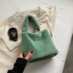 Fashion Luxury Faux Fur Bucket Women&#39;s Handbags Designer Lady Hand Bags Fluffy Soft Plush Warm Winter Clutch Shoulder Bags