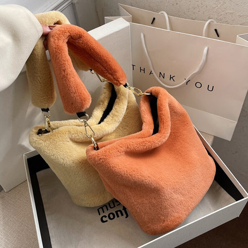 Fashion Luxury Faux Fur Bucket Women's Handbags Designer Lady Hand Bags Fluffy Soft Plush Warm Winter Clutch Shoulder Bags