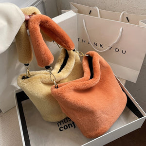 Fashion Luxury Faux Fur Bucket Women&#39;s Handbags Designer Lady Hand Bags Fluffy Soft Plush Warm Winter Clutch Shoulder Bags