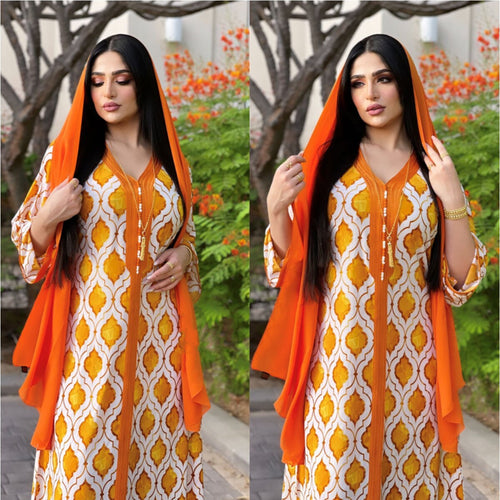 Fashion Muslim Jalabiya Orange Dubai Hijab Dress For Women Eid 2021 Moroccan Turkey Arabic Oman Islamic Clothing