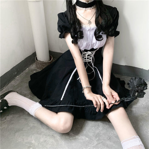 Fashion New Bandage Black Dress Woman 2022 Sweet Square Collar Lolita Dresses Summer Puff Short Sleeve Sexy Vestidos Mujer