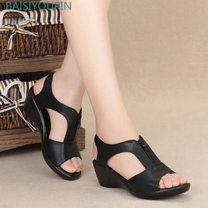 Fashion New Black Solid Women Sandals Summer Pumps Shoes Casual Shallow Wedges Zipper 5cm High Heels Student Female Sandals36-41