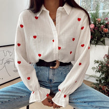 Load image into Gallery viewer, Fashion New Casual Turn Down Collar Blouses Women Elegant Long Sleeve Shirts Women Red Heart Embroidery Tops Ladies