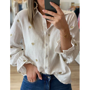Fashion New Casual Turn Down Collar Blouses Women Elegant Long Sleeve Shirts Women Red Heart Embroidery Tops Ladies