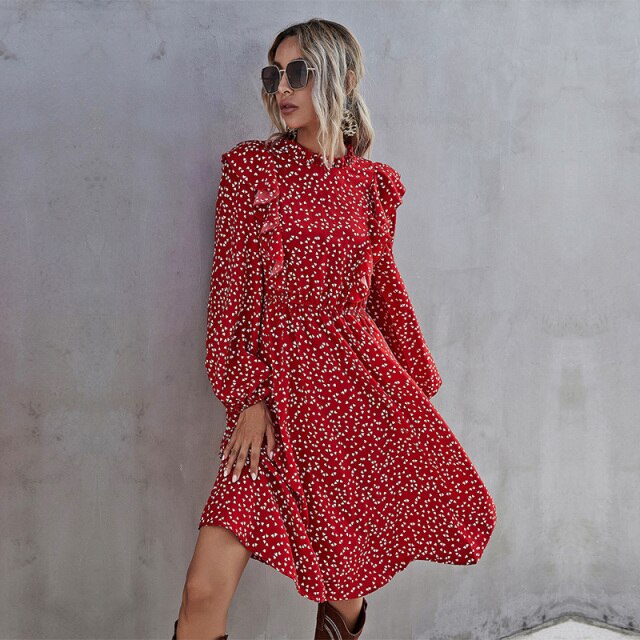 Fashion New Ruffles Heart Dot Print Dress Women Elegant Full Sleeve High Waist Ladies 2021 Spring Summer Long Dress Red