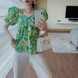 Fashion New Square Collar Short Sleeve Summer Women Tops Floral Print Blouse Mujer YOU452