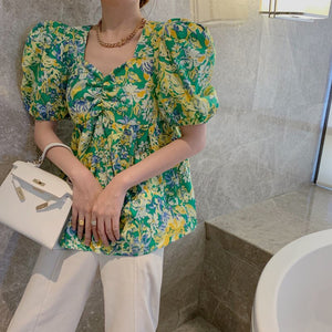 Fashion New Square Collar Short Sleeve Summer Women Tops Floral Print Blouse Mujer YOU452