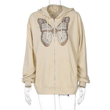 Load image into Gallery viewer, Fashion Oversized Butterfly Graphic Rhinestone Zip Up Hoodies 90s Streetwear Diamond Grey Long Jacket Autumn