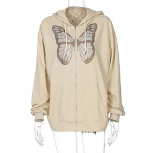 Fashion Oversized Butterfly Graphic Rhinestone Zip Up Hoodies 90s Streetwear Diamond Grey Long Jacket Autumn