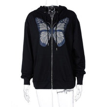 Load image into Gallery viewer, Fashion Oversized Butterfly Graphic Rhinestone Zip Up Hoodies 90s Streetwear Diamond Grey Long Jacket Autumn