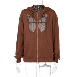 Fashion Oversized Butterfly Graphic Rhinestone Zip Up Hoodies 90s Streetwear Diamond Grey Long Jacket Autumn