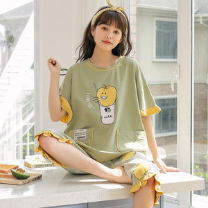 Fashion Partysu Pajamas For Girls Summer Thin Cotton Home Wear Outside Suitable Casual Sleepwear Avocado Green Comfort Pajamas