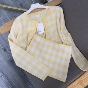 Fashion Pink Plaid Cardigan Sweaters Women Autumn New Loose Long Sleeve Tops Chic Korean Camisole 2 Piece Sets Sweet