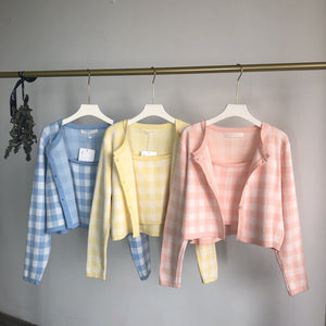 Fashion Pink Plaid Cardigan Sweaters Women Autumn New Loose Long Sleeve Tops Chic Korean Camisole 2 Piece Sets Sweet