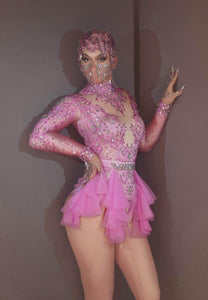 Fashion Pink Rhinestone Party Bodysuit Women Elastic Tights Mesh Ruffles Crystal Bodysuit Nightclub Dancer Leotard Stage Outfits