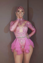 Load image into Gallery viewer, Fashion Pink Rhinestone Party Bodysuit Women Elastic Tights Mesh Ruffles Crystal Bodysuit Nightclub Dancer Leotard Stage Outfits