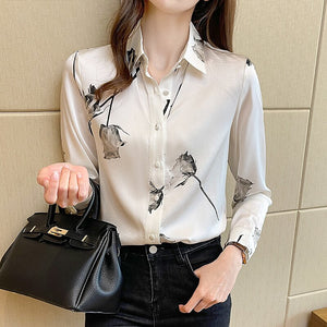 Fashion Print Women Chiffon Shirt New 2021 Spring Autumn Long Sleeve White Blouse Elegant Slim Office Lady Tops