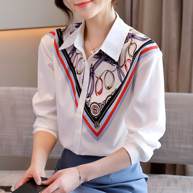 Fashion Print Women Chiffon Shirt New 2021 Spring Autumn Turn-Down Collar Blouses Plus Size Loose Tops Clothing