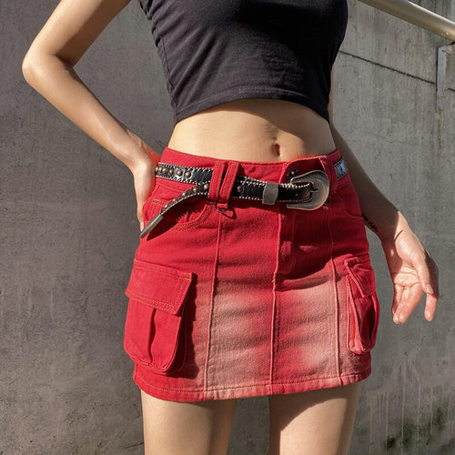 Fashion Red Gradient Cargo Low Waist Denim Skirt Pockets Bodycon Club Party Mini Skirts Female Super Short Hot Street Style